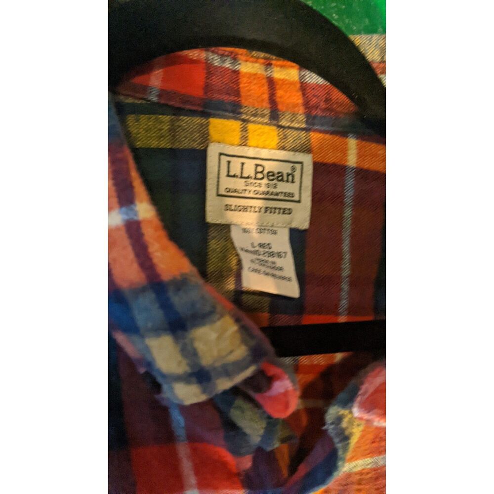 LL Bean Buchanan red yellow blue white plaid large regular slightly fitted L-REG